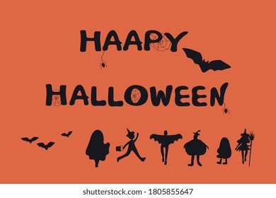 Happy Halloween. Banner with text. Silhouette of children in Halloween costumes.