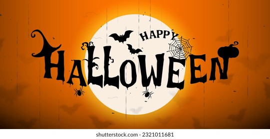 Happy Halloween banner with Text silhouette design on Full moon sky scene background. Retro style. Vector illustration.