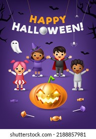 Happy Halloween Banner together with Scary Pumpkin and Trick or Treat Kids with Candies Background. Vector Illustration.