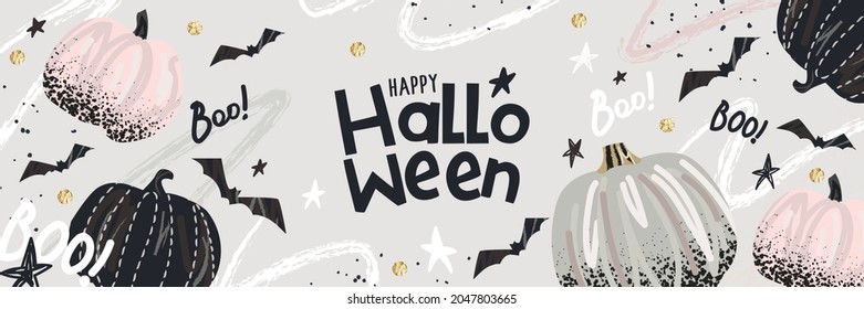 Happy Halloween banner  Trendy Halloween design and typography  hand painted strokes   dots  stars  pumpkins   bats  Modern minimal style  Horizontal poster  greeting card  header for website