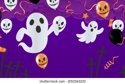 Happy Halloween banner trick party balloons,  ghost, bats, Party invitation background  Vector illustration