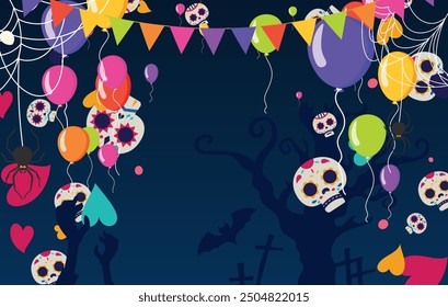 Happy Halloween banner trick party balloons, ghost, bats, Party invitation background Vector illustration and ribbon  celebration card banner template background
