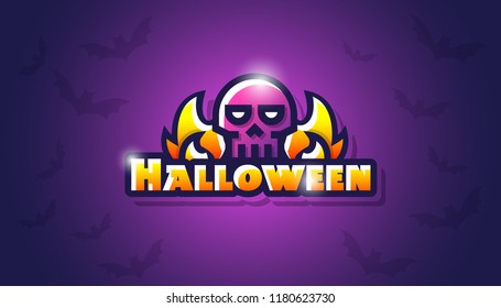 Happy halloween banner. Trick or treat. Skull with fire and bats logo. Scary background and wallpaper. Isolated vector art icon.