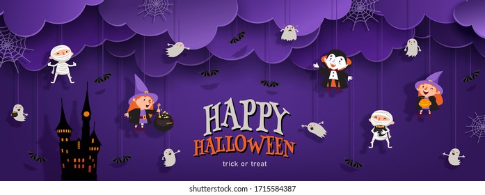 Happy Halloween banner trick or treat with night clouds, witch, vampire, ghost, bats, castle in paper cut style. Party invitation background with place for text. Vector illustration