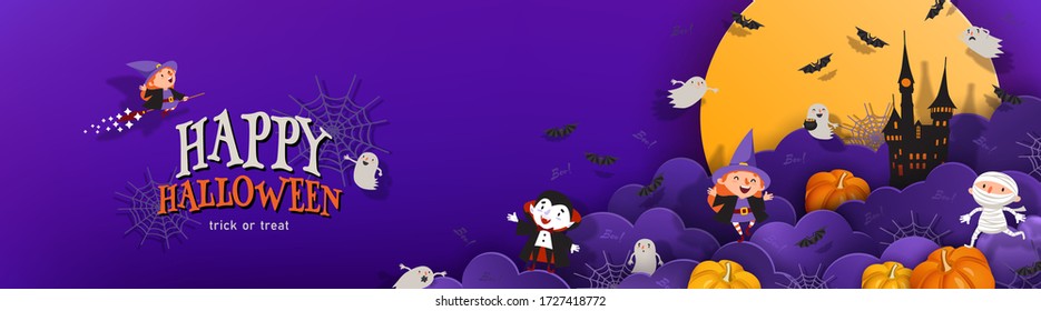 Happy Halloween banner trick or treat with night clouds, witch, vampire, ghost, bats, castle in paper cut style. Party invitation vector horizontal background