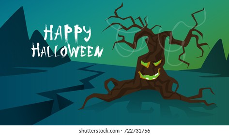 Happy Halloween Banner Trick Or Treat Concept Holiday Greeting Card Horror Scary Tree Flat Vector Illustration