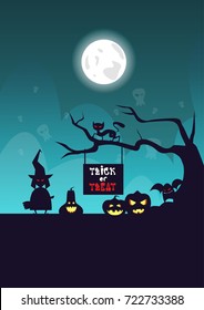 Happy Halloween Banner Trick Or Treat Concept Holiday Greeting Card Horror Party Flat Vector Illustration