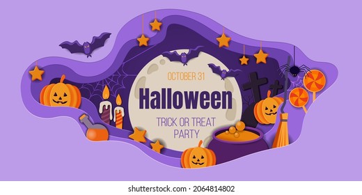 A happy Halloween banner with a tunnel of clouds and paper-cut pumpkins. Vector illustration. Space for text. A template for a leaflet, banner, postcard with a full moon frame, a witch's cauldron, a s