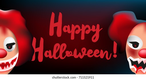Happy Halloween banner with two scary clown faces. Vector illustration