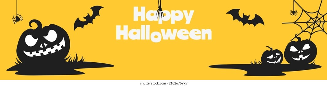 Happy Halloween banner. Vector background with pumpkin, spider web and flying bat illustration. Spooky autumn holiday invitation. October party event greeting