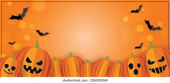 Happy Halloween banner vector. Halloween background with bats and pumpkins in paper cut style. Halloween poster design.