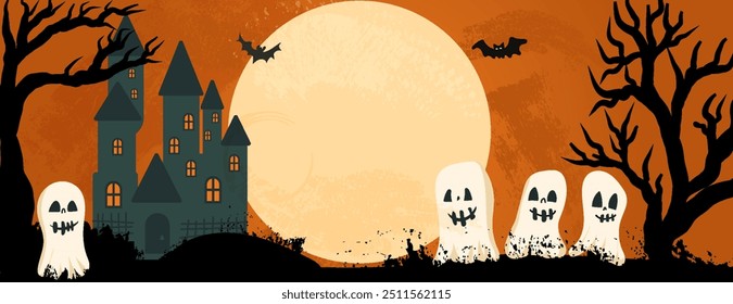 Happy Halloween banner vector design with castle, ghost and moon