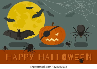 Happy Halloween Banner. Vector flat illustration with icons of pumpkin, bat and spider.