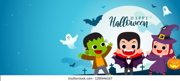 Happy Halloween banner vector illustration. Frankenstein, Count Dracula and Witch Cartoon style. Kids in Halloween costume party. 