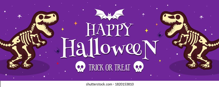 Happy Halloween Banner vector illustration. trick or treat with Dinosaur skeleton cartoon on purple background