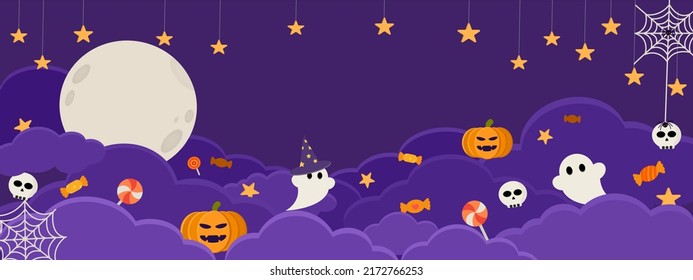 Happy Halloween Banner Vector Illustration, Dark Night Sky With Purple Clouds, Cute Ghost Wear Witch Hat, Halloween Pumpkin, Candy, Spooky Skull, Spiders Web, Star And Full Moon, Autumn Party Holliday