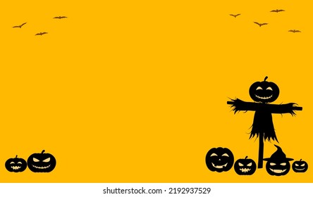 Happy Halloween banner vector illustration, spooky shadow Jack O lantern scarecrow, scary Halloween pumpkin and flying bats on yellow background with copy space, Autumn holiday decorating celebration