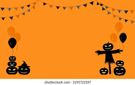 Happy Halloween banner vector illustration, spooky shadow scarecrow with pumpkin, balloon and beautiful decorative party flag on orange background copy space, Autumn holiday decorating celebration