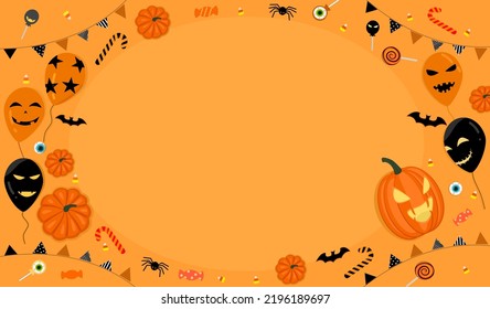 Happy Halloween banner vector illustration, spooky ghost balloons, pumpkin, sweet candy lollipop, beautiful decorative flag on orange background with copy space, Autumn holiday decorating celebration.