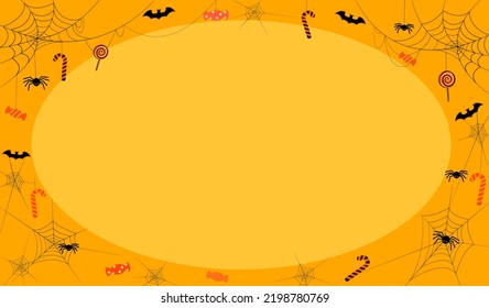 Happy Halloween banner vector illustration, Halloween board decoration,  bat, spider web and sweet candy lollipop and black bat on orange background with copy space, Autumn holiday celebration.
