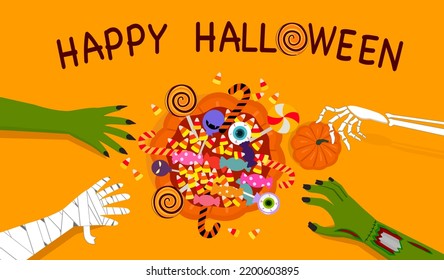 Happy Halloween banner vector illustration, four monster hands; green witch, mummy, skeleton bone, zombie, with sweet candy lollipop in pumpkin basket on orange background, Autumn holiday celebration.