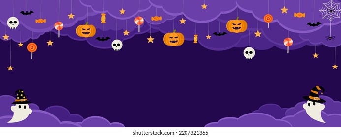 Happy Halloween banner vector illustration, dark night sky witch purple clouds, cute ghost wear witch hat, pumpkins, spooky skull, spider web, candy, black bat and star, Autumn holiday celebration.