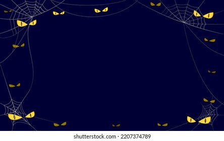 Happy Halloween banner vector illustration background, spooky monster ghost eyes hiding under spider cobweb at Halloween dark night with copy space, Autumn holiday celebration.