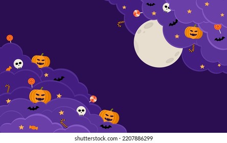 Happy Halloween banner vector illustration, dark night sky witch purple clouds, full moon, pumpkin, spooky skull, sweet candy lollipop, black bat and star with copy space, Autumn holiday celebration.