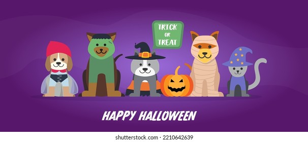 Happy Halloween banner, vector illustration. Funny cat and dogs wearing halloween costumes