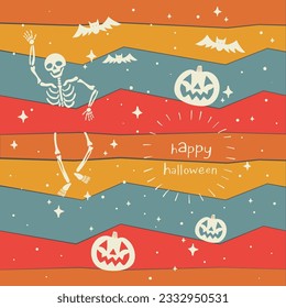 Happy Halloween Banner. Vector illustration with skeleton waving and smiling pumpkins on colorful striped  background