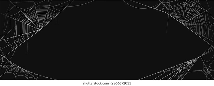 Happy Halloween banner vector illustration, Halloween cobweb board decoration, spooky scary spider web on dark black background with copy space, Autumn holiday decorating celebration.