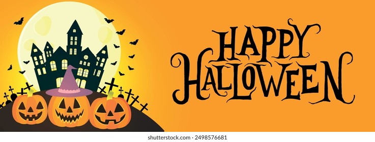 Happy Halloween banner. Halloween vector illustration with pumpkins, a haunted house, a full moon on an orange background. Trendy design for holiday decoration, banner, ads, and greeting card