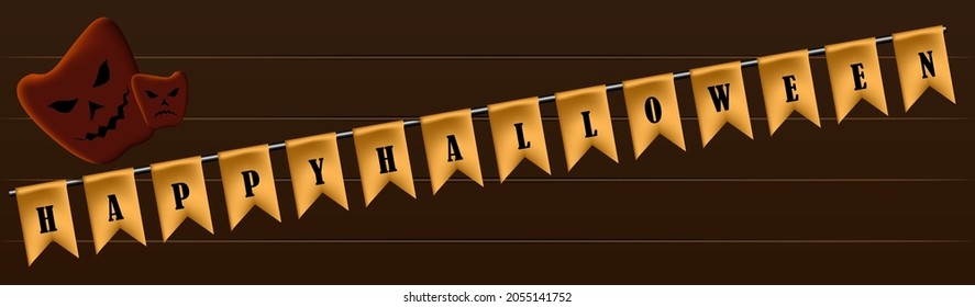 Happy Halloween banner for website design, vouchers, template designing, poster making and invitation cards. The banner include scary masks and happy Halloween flyer in golden color.