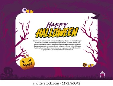 Happy Halloween banner whit Spooky Forest, candy and pumkins. Vector Illustration. Place for your text.