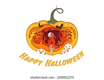 Happy Halloween banner white background and typo with pumpkins, bat, ghost, house, paper cut style. design for invitation halloween party or halloween festival Vector illustration.