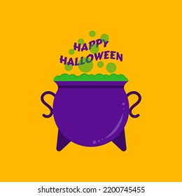 Happy Halloween banner with witch cauldron. Cauldron with magic potion and bubbles isolated on yellow background. Template for invitation halloween party, poster, greeting card. Vector illustration