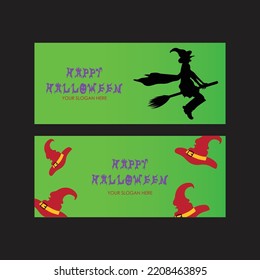 Happy halloween banner with witch and witch hats on green background