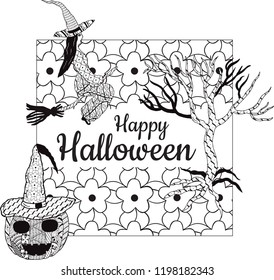 Happy Halloween! Banner. A witch on a broomstick, a tree, a smiling pumpkin in a witch's cap, a square background with patterns in the style of Zenart. In the middle is the inscription. Vector.