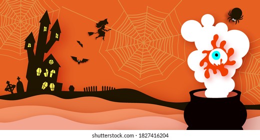 Happy Halloween Banner. Witch Silhouette witch flying on broomstick. Mystical night with bat, web, spiders, graveyard. Witchs Cauldron with magic eye. Paper craft art. Space for text.