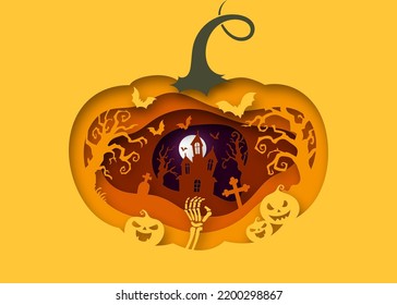 Happy Halloween banner yellow background with pumpkins, bat, ghost, house, paper cut style. design for invitation halloween party or halloween festival Vector illustration.