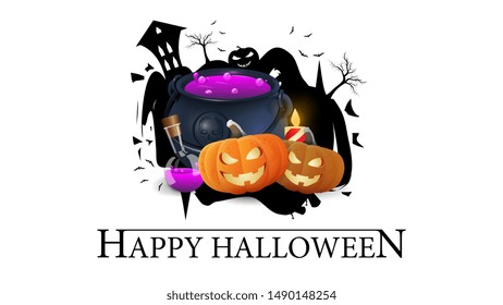 Happy Halloween, banner for your creativity isolated on white background. Logo with silhouette of city, witch's cauldron and pumpkin Jack