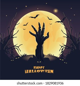 Happy Halloween banner. A zombie hand rises from the graveyard on a full moon. Vector illustration. Cobwebs and bats. EPS 10