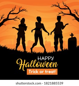 happy halloween banner with zombies silhouette in cemetery vector illustration design