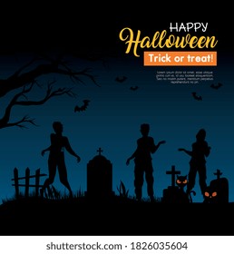 happy halloween banner with zombies silhouettes on cemetery vector illustration design