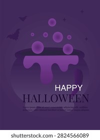 Happy Halloween bannerbackground vector illustration with witch cauldron, potion bubbles, and bats on purple gradient