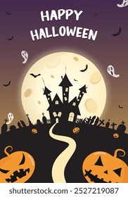 Feliz Anuncio de Halloween, cartel con calabazas, castillo, luna, fantasmas, murciélagos, lápida, cruz y otros Elementos.Halloween noche de miedo designe.Ilustración vectorial.