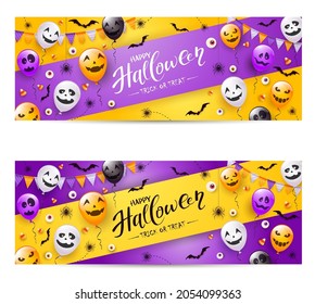 Happy Halloween banners. Black spiders, bats, eyes and balloons with scary smiles on purple and yellow background. Illustration for children's holiday design, decoration, cards, banners, template.