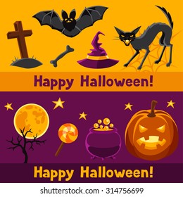 Happy halloween banners with characters and objects.