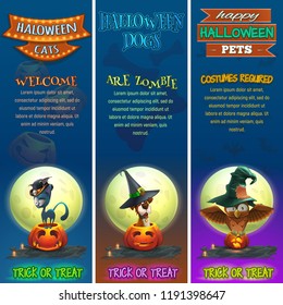 Happy Halloween banners with cute characters animals - cat, dog, owl and with text. Vector illustration.