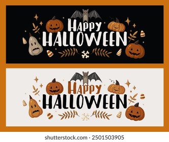 Happy halloween banners with cute pumpkins, sculls, bats, sweets